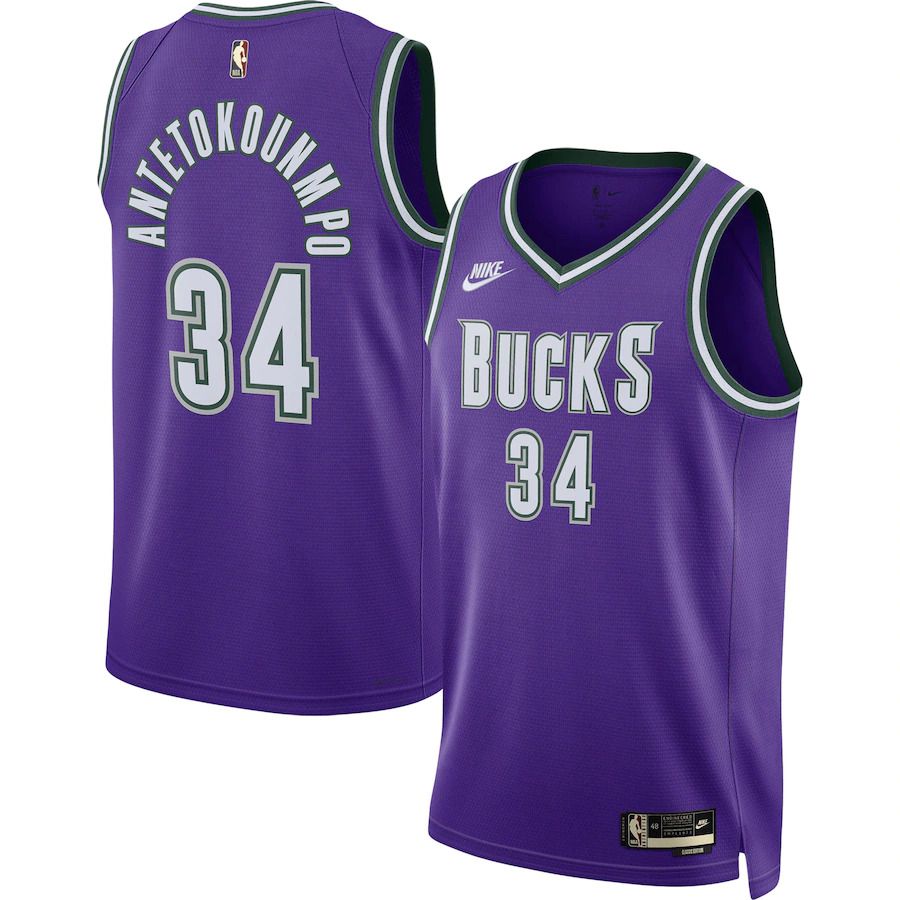 Men Milwaukee Bucks #34 Giannis Antetokounmpo Nike Purple Classic Edition 2022-23 Swingman NBA Jersey